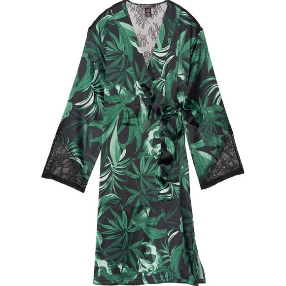 Victorias Secret Chantilly Green Palm Leaves Lace Kimono Robe Cover Up - Picture 3 of 3